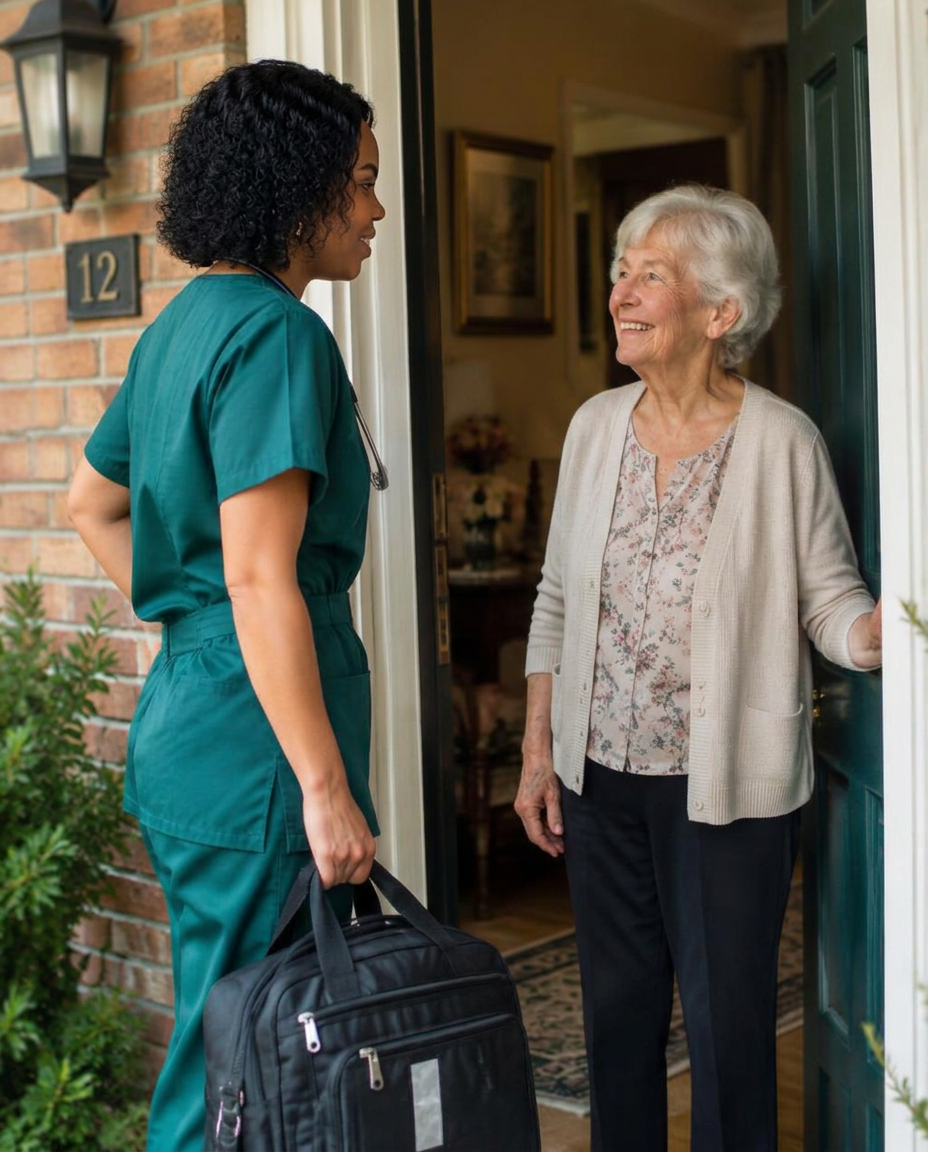 Nurse greeting a patient at her front door